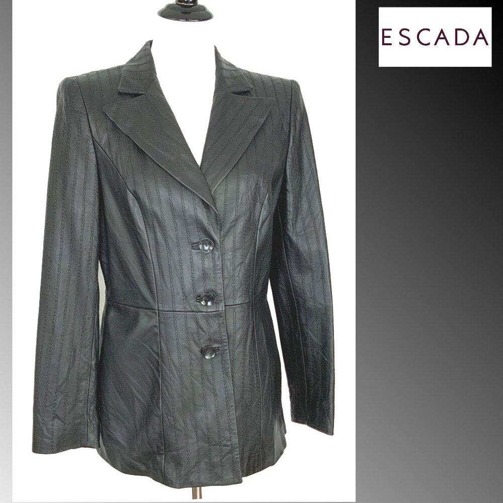 Vintage Escada Lambskin Leather Black Jacket Pinstripe Detailing Sz 10 -12